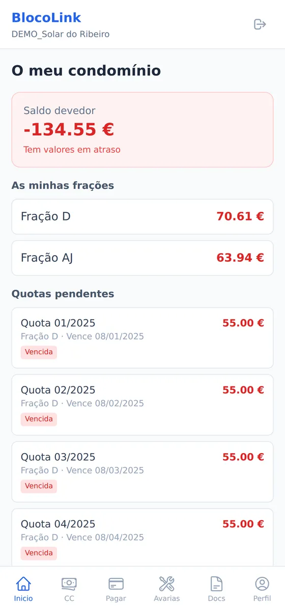 Portal do condómino no telemóvel: saldo devedor, as minhas frações e quotas pendentes com o estado Vencida — o condómino consulta a conta e paga sem telefonar ao administrador.